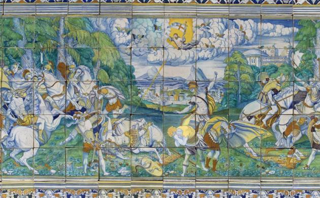 beschilderde tegels die een tafereel uitbeelden